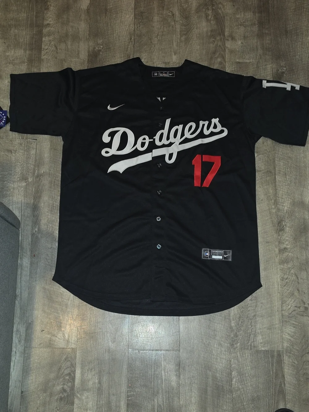 Nike Dodgers Black Baseball Jersey with Red Number 17